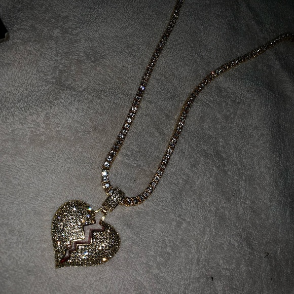 Fully Iced Out 14K Yellow Gold Real Diamond Broken Heart  14k gold broken heart chain